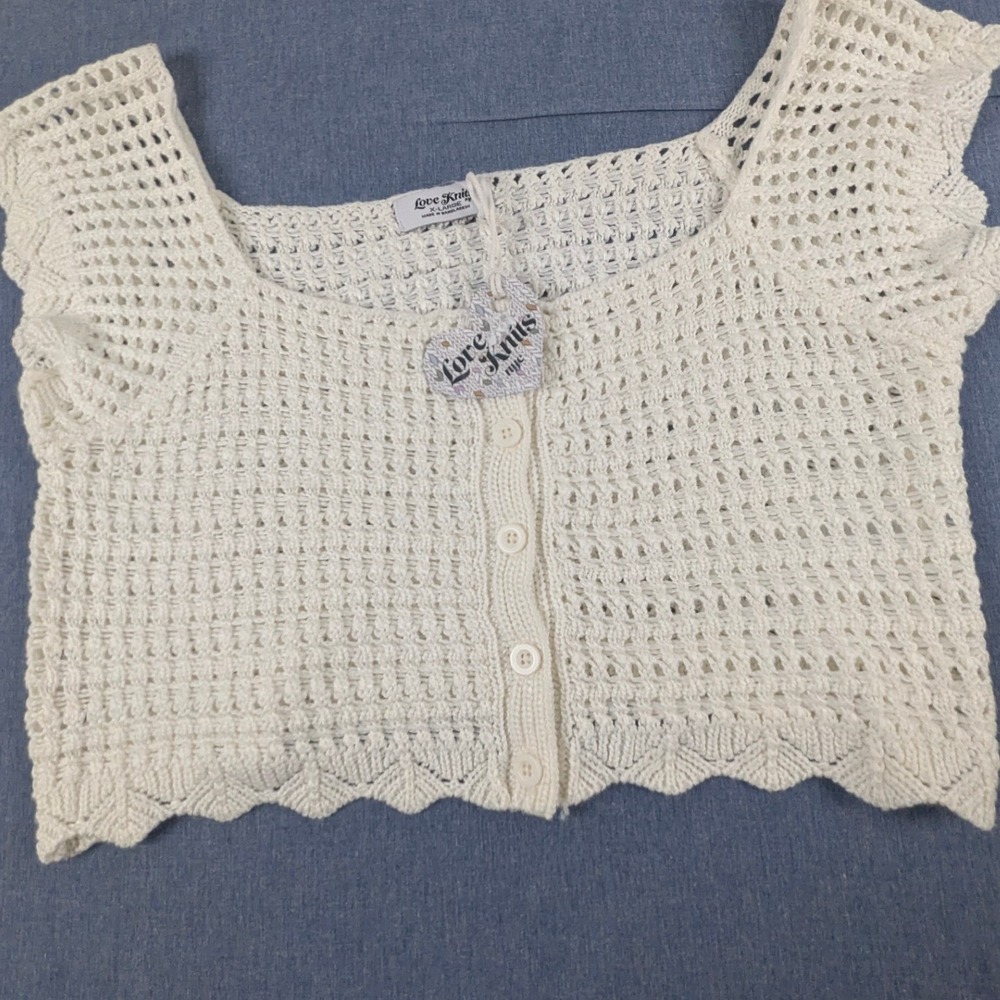Love Knits NYC Women Cream Crochet Cropped Top XL Square Neck SDS24-40031